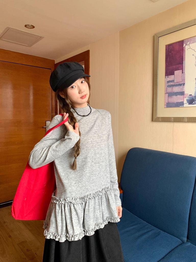 Korean-Style Polka Dot Ruched Long Sleeve T-Shirt – Autumn/Winter Slimming Casual Top