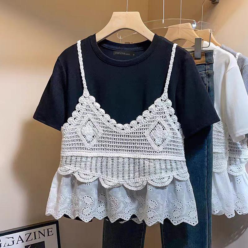 

ZANZEA Женские повседневные летние футболки с коротким рукавом из кружева в стиле пэчворк S чёрный