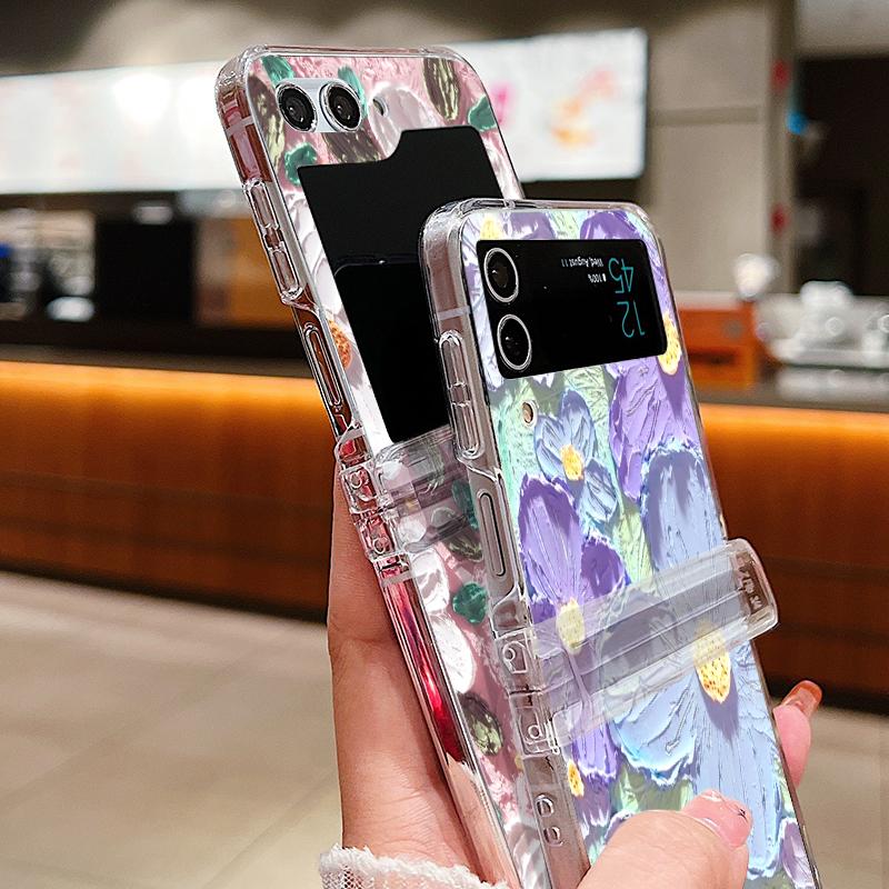 Oil Painting Flower Phone Case For Samsung Galaxy Z Flip6 Flip5 Flip4 Flip3 5G Hard PC Clear Folding Cover For Samsung Z Flip 6