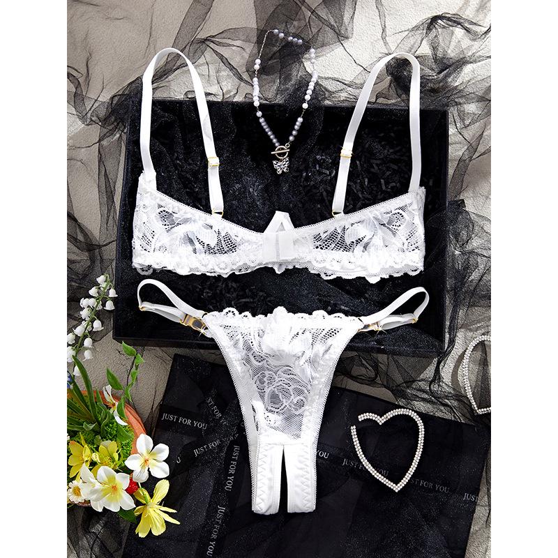 White Lace Three-Point Open Crotch & Bust Lingerie Set with Cutout Thong