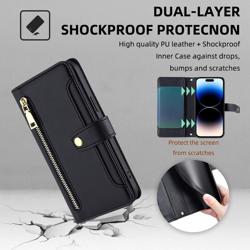 For iPhone 14 Pro Max PU Leather Stand Case Zipper Pocket Phone Cover with Wrist Strap and Shoulder Strap