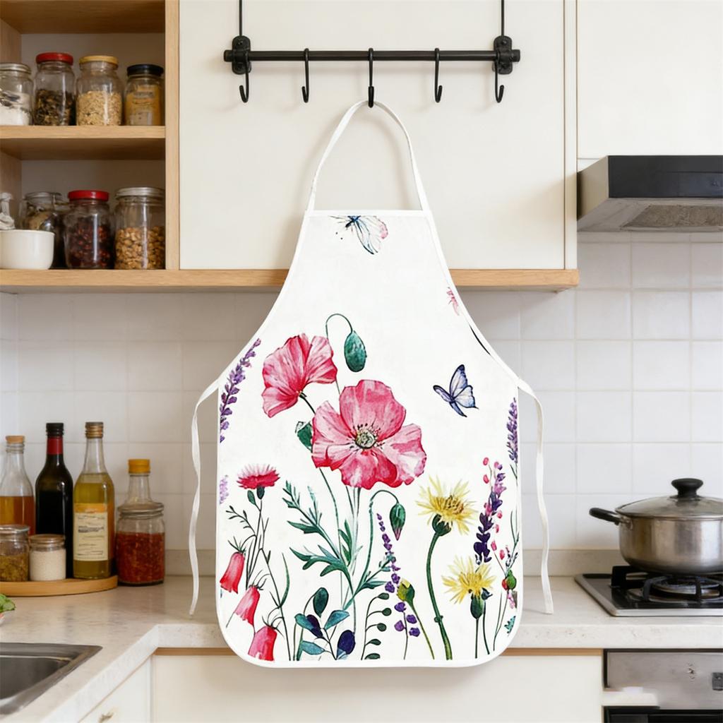 Set Of 6 Aprons With Floral And Butterfly Prints, Made Of Polyester, Suitable For Kitchen Cooking And As A Protective Garment