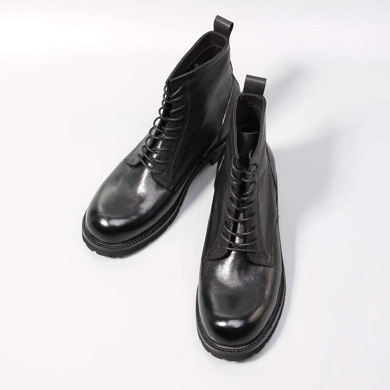 Retro Handmade Mens Ankle Boots High Quality Horsehide Leather Round Toe Thick Soled Outdoor Casual Knight Boots Platform Shoes