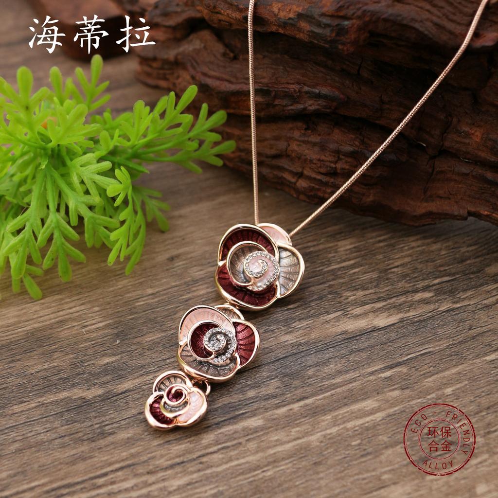 New enamel geometric rose pendant, diamond inlaid women's high-end fringed rose necklace