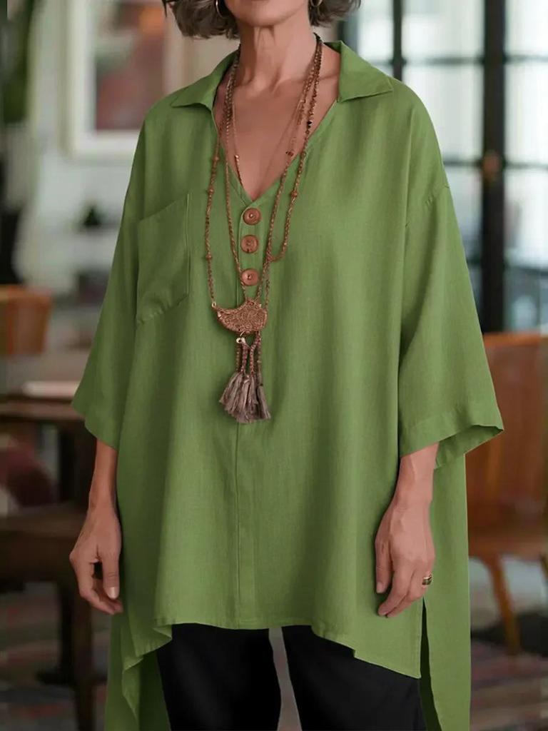 Spring/Summer 2026 Women's Cotton-Linen Top: European & American Style, Solid Color, Casual Loose Fit with Buttoned Short Front-Back Design.