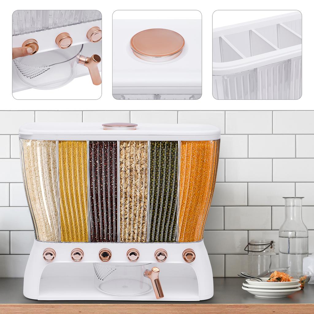 Müsli-Dispenser mit 6 Fächern - Großes Fassungsvermögen von 22,05 lbs, Verstellbare Trennwand, Transparentes Design zur Aufbewahrung von Trockenfutter