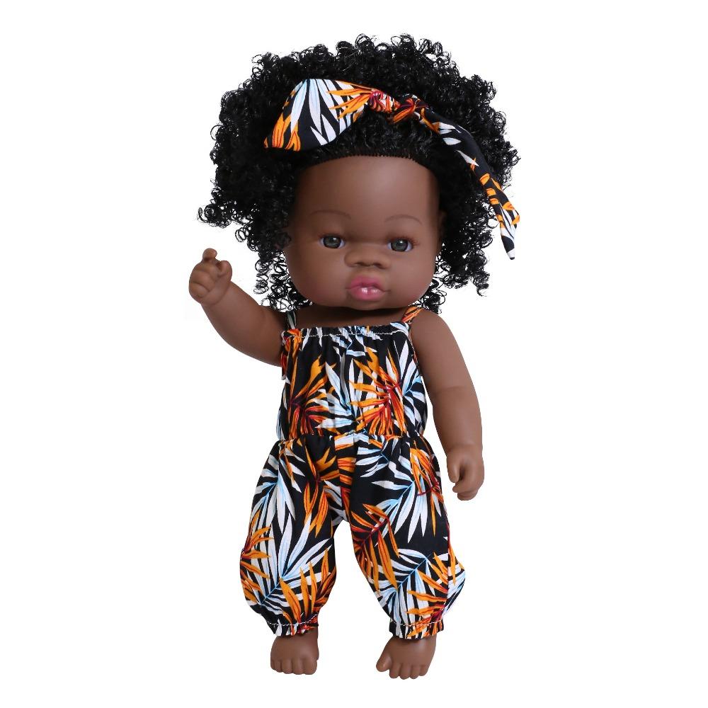 33cm Full Silicone Body Reborn Baby Doll Toys Dark Black Brown Skin Optional Rebirth Doll Lifelike Curly Hair Newborn Doll for Kids Birthday Xmas Gift