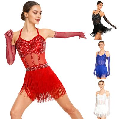 Complete Latin Dance Outfit for Women S-XXL: Dress with Sheer Mesh, Tiered Tassel, Rhinestones and Long Gloves for Tango