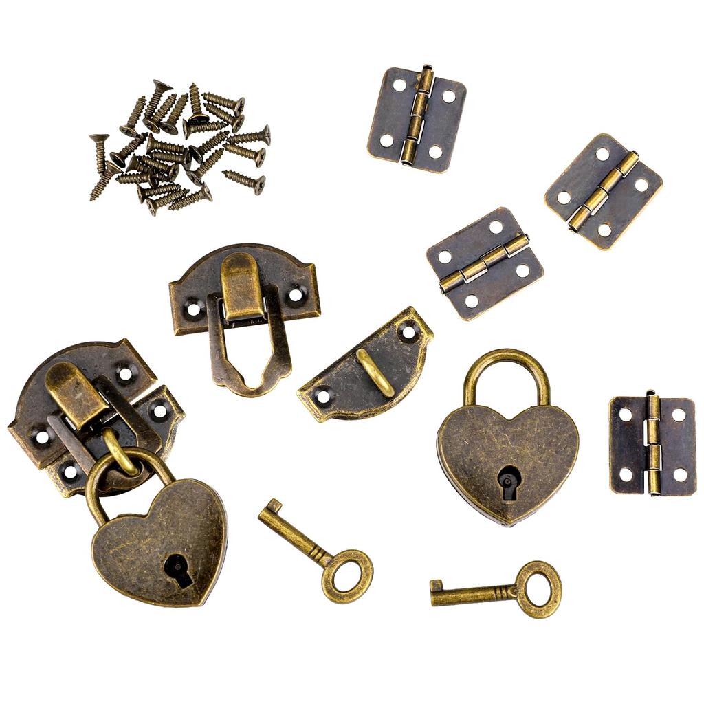2er-Set Antik-Bronze Riegelverschluss 27 x 30 mm Riegelverschluss Mini-Boxscharniere und Liebesschlösser mit Schlüsseln Dekorative Schloss schnalle mit Schrauben für Schmuck Woo
