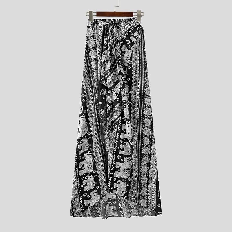 

INCERUN Мужские бандажные юбки с оборками и разрезами на талии в стиле бохо, длинные юбки для отдыха в стиле бохо чёрный