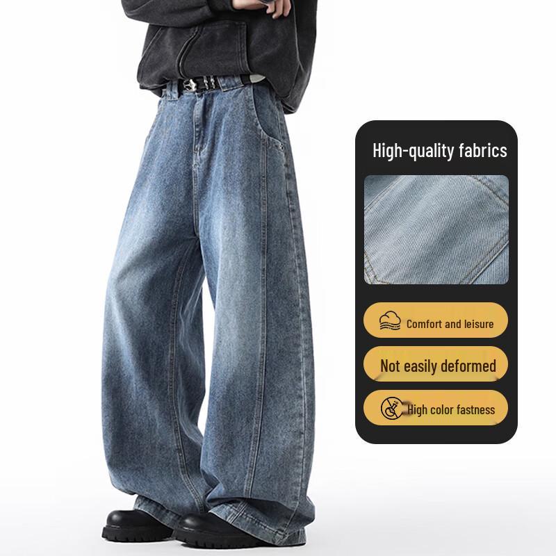JEEP SPIRIT Men's Washed Retro Loose Wide Leg Jeans