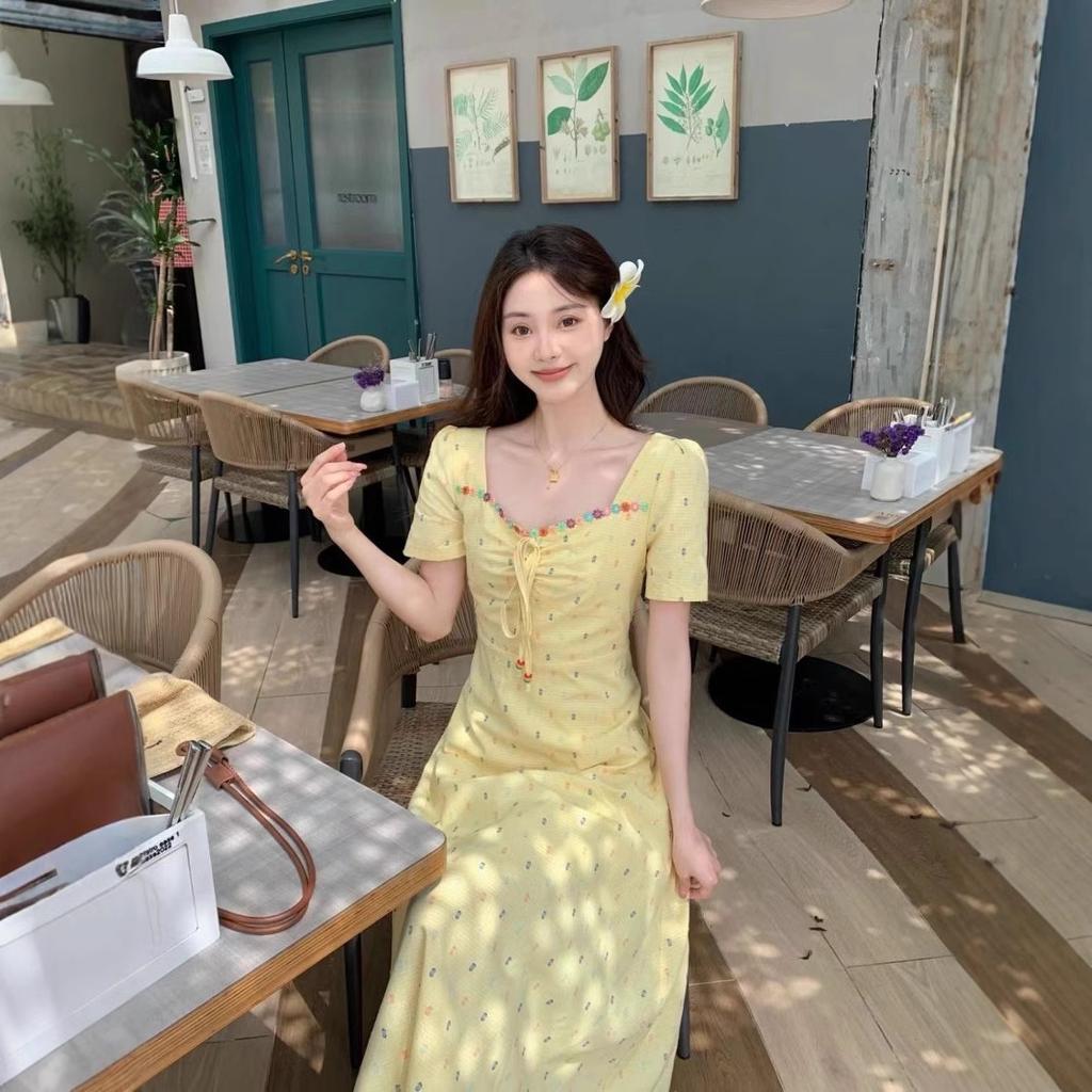 Large Size Women's French Floral Short-sleeved Dress, New Women's Summer Fat Mm Waist and Thin A-shaped Long Dress