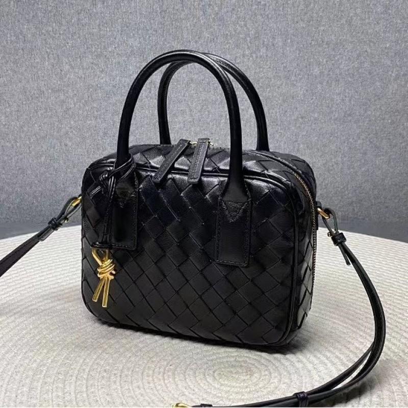 Womens Woven Mini Square Handbag In Genuine Lamb Leather Soft Structured Boston Pillow Bag Daily Wear