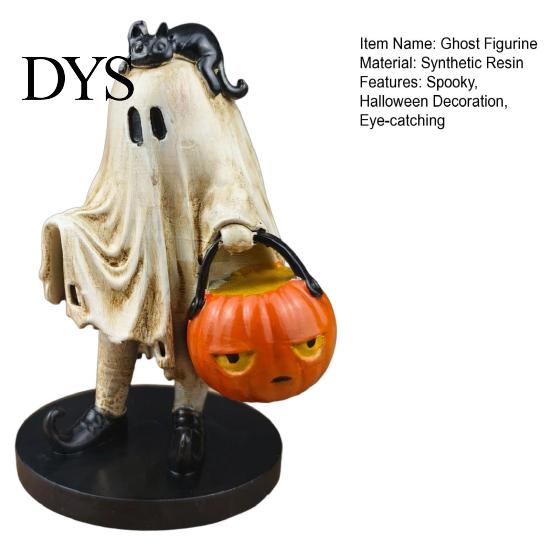 Unique Niche Gift Vintage Halloween Ghost Figurine, Cute Spooky Resin Statue with Pumpkin Artistic Desktop Collection Bucket And Black Cat for Indoor