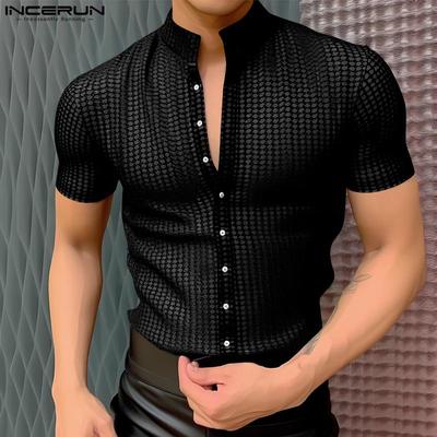 Camisetas informales ajustadas de verano para hombre, de manga corta, con cuello alto y textura semitransparente