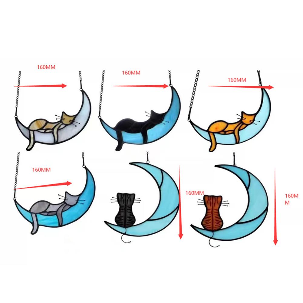 Colorful Cat In Moon Ornament Window Hangings Cat Memorial Gifts Windows Cars Decoration For Cat Lovers