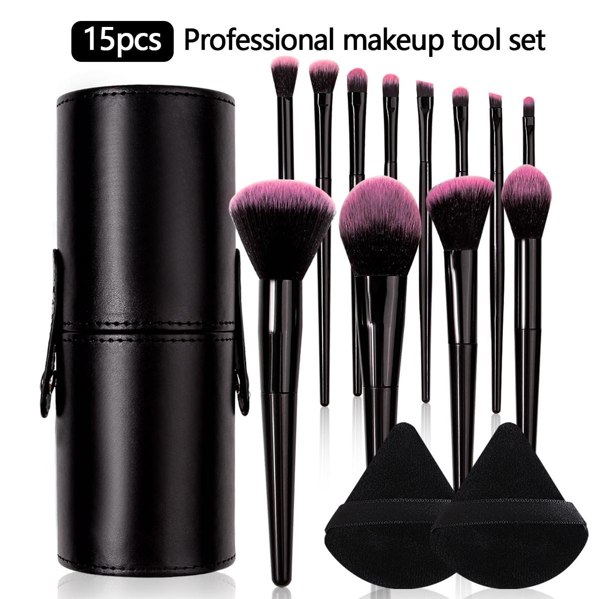 

Black 12-piece makeup brush set with storage bucket, soft bristle blush brush, eyeshadow brush, portable complete makeup tools чёрный
