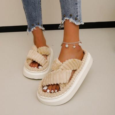 Fashion 2024 Autumn and Winter Velvet Women's Cross Strap Thick Soft Soled Slippers Thick Soled Shoes Women's Non-Slip Indoor Slippers
