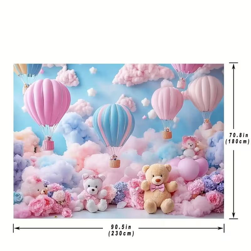 2D Dreamy Baby Background, Cute Teddy Bears & Hot Air Balloons Themed Photoshoot Backdrop