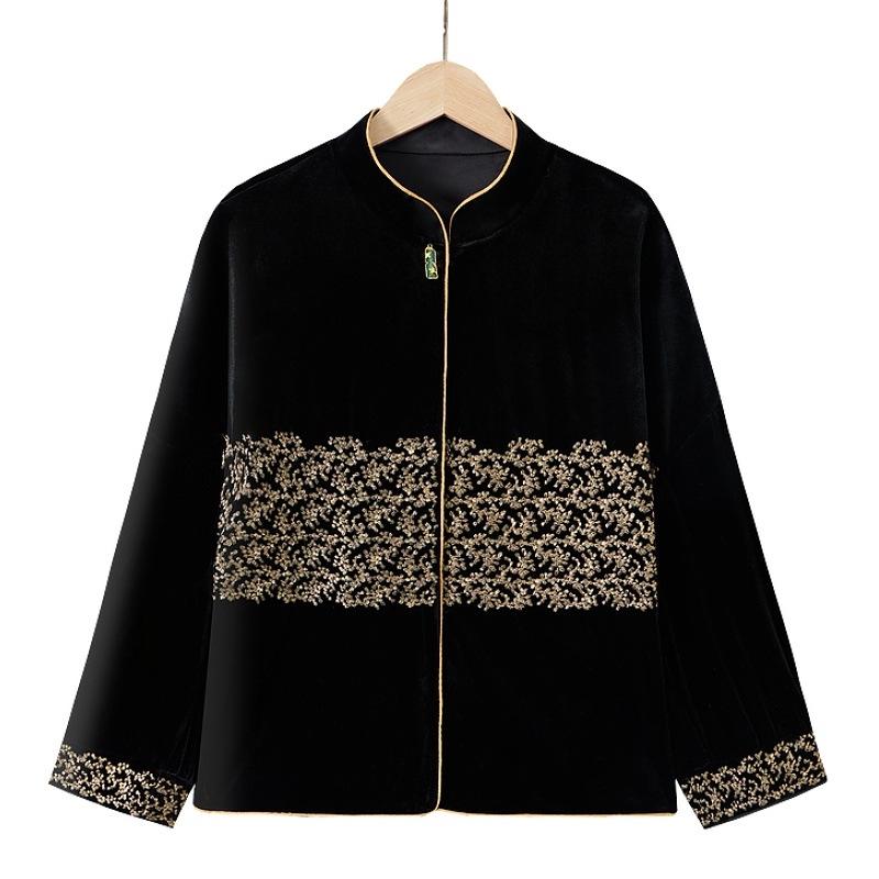 Spring Collection: Embroidered Velvet Two-Piece Suit for Mothers - Jacket & Elastic Waist Pants