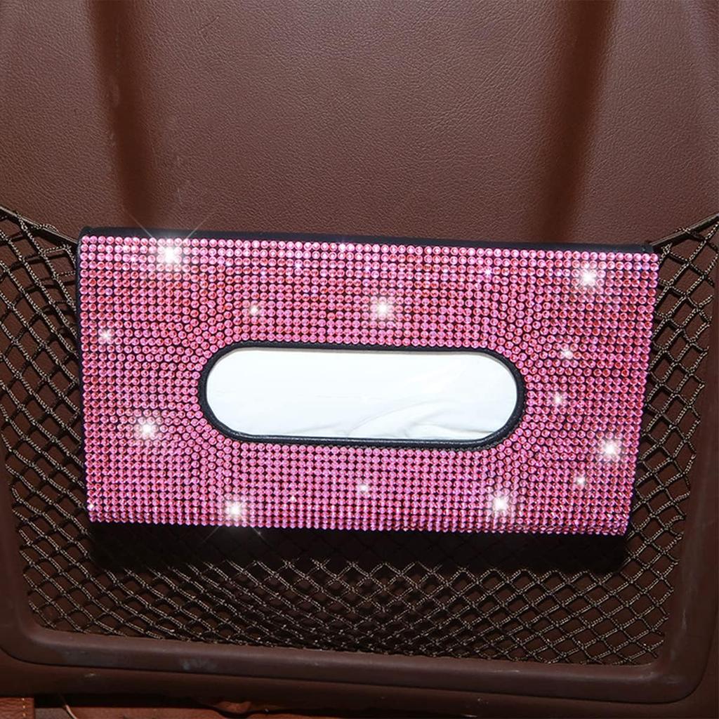 Bling Car Sun Visor Tissue Box Holder, Rhinestone PU Leather Crystal Sparkling Napkin Holder, Backseat Paper Towel Cover Case Car Accessories for
