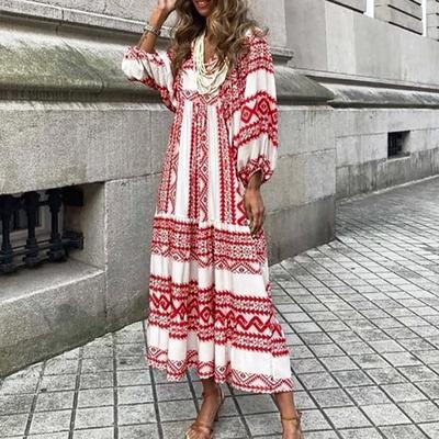 Frauen Blumendruck Böhmisches Langes Kleid Lose V-Ausschnitt Mode Sommer Strandkleid