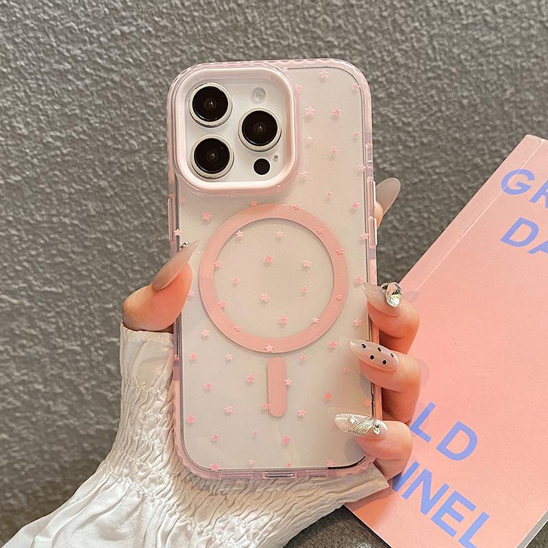 Růžové Hvězdy Magnetický Bezdrátový Nabíjecí Průhledný Měkký TPU Zadní Kryt Pro iPhone 13 14 15 16 17 Pro Max Kompatibilní S Magsafe Pouzdrem