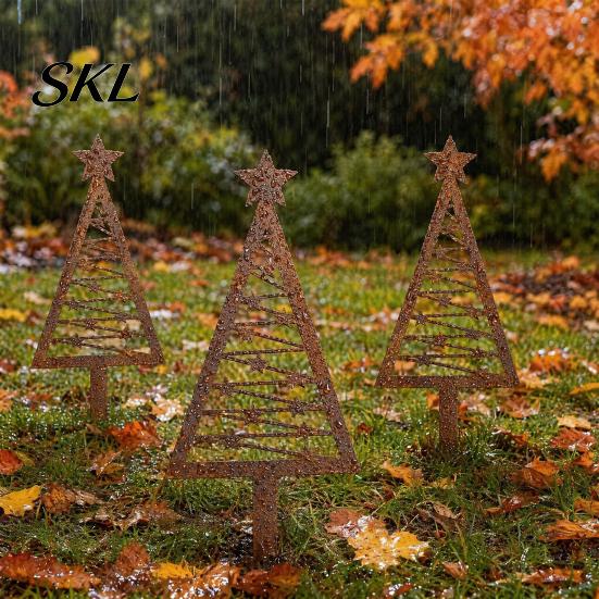 Rust Resistant Metal Stake 3Pcs Rustic Christmas Tree Stake, Weathered Iron Art Xmas Anti-rust Garden Design Decorative Sign for Yard Pathway