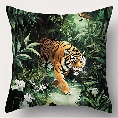 1/4 Stück Dschungel Wildtiere Kissenbezüge Tiger Löwe Elefant Leopard Tropische Pflanzen Dekorative Kissenhüllen