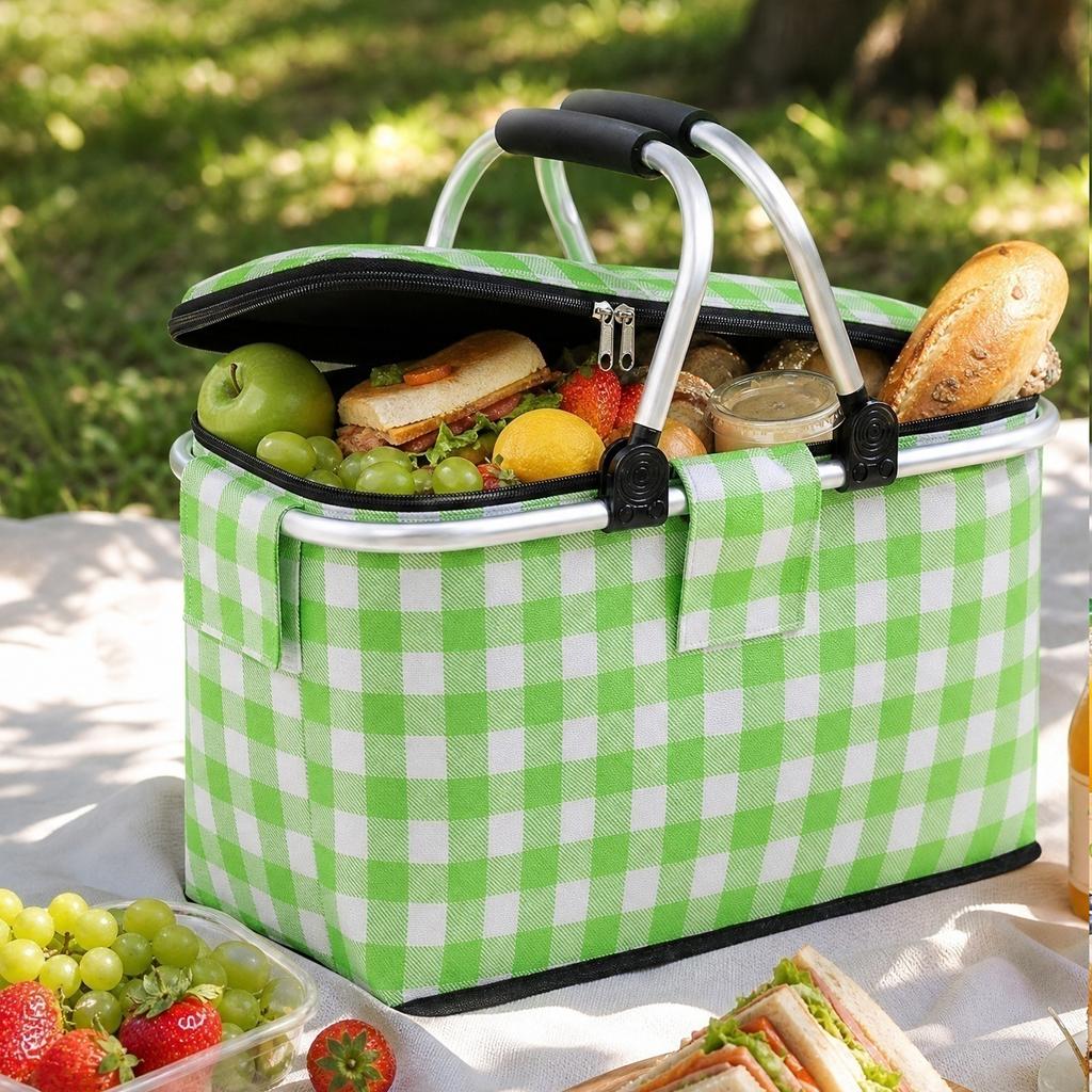 Oxford Fabric Portable Picnic Basket with Handle Foldable Insulated Cooler Bag for Outdoor Camping Storage and Grocery Shopping