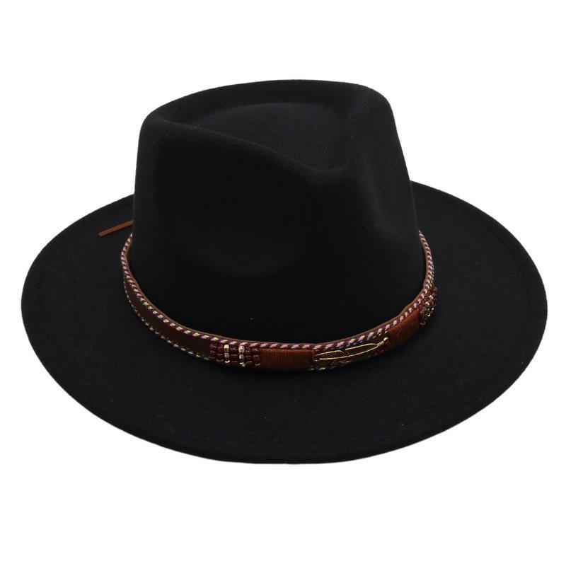 Feather Decoration Ethnic Style Top Hat Tibetan Jazz Hat Temperament Felt Hat Imitation Wool Hat Men'S And Women'S Ins Style