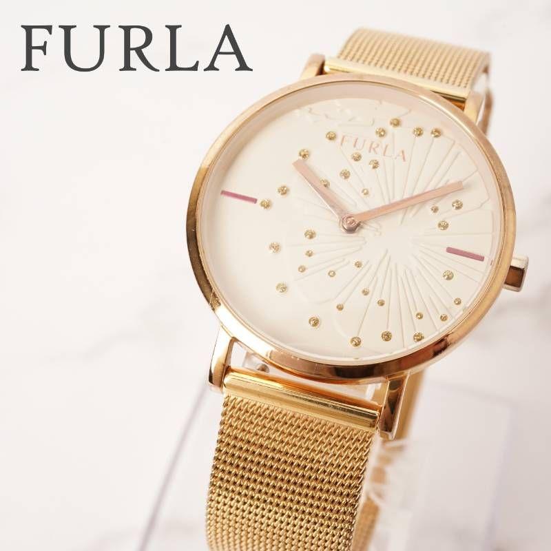 Used FURLA Women s Watch Gold Stainless Steel Belt Beige Pink Dial