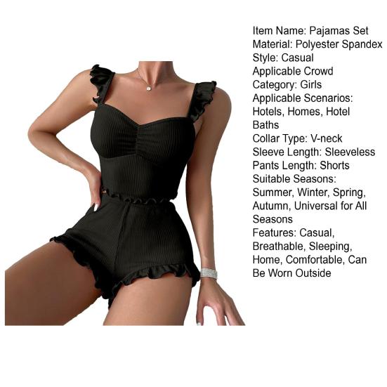 Women's Ribbed Pajamas Set Ruffle Trim Sleeveless Crop Top And Shorts
