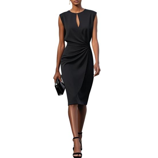Women s Business Work Dress Crew Neck Sleeveless Ruched Bodycon Dress Summer Slimming Formal Sheath Dress M чёрный