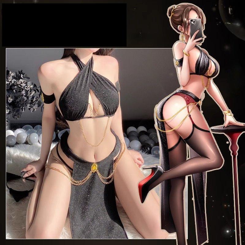 Sexy královna Catwoman Lesklé dlouhé šaty ve stylu Cos Uniform Tanga