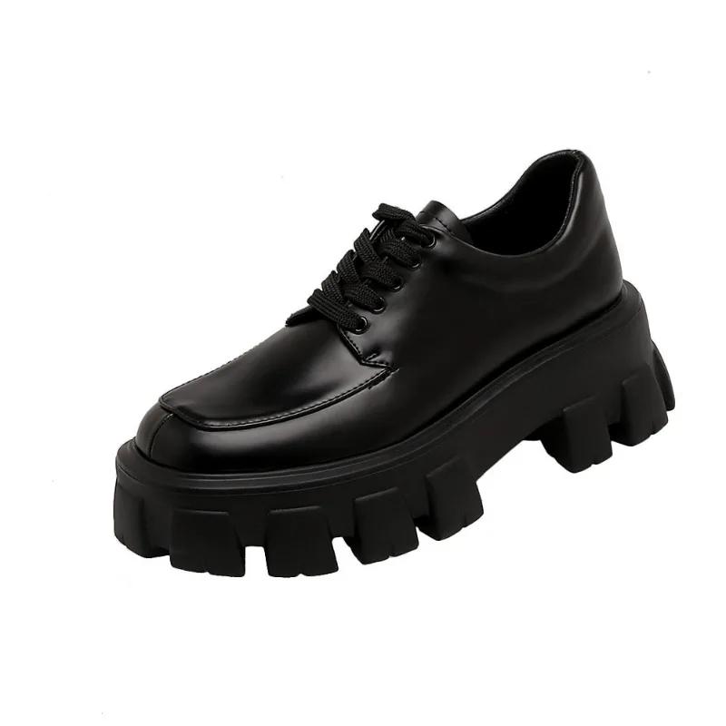 Fashion Women‘s British Style Leather Single Shoes Spring Autumn 2024 Loafer Shoes Retro Heightened Thick Bottom Platform Lace-up Shoes