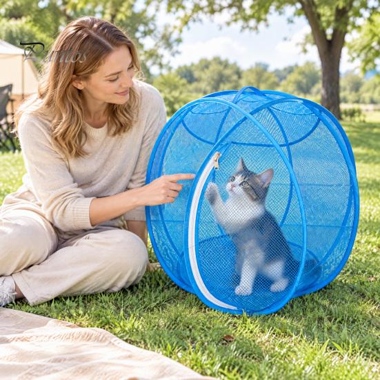 Faltbares Katzenzelt für Camping Pop-Up Rollgehege, Outdoor Katzengehege Spielgehege, Atmungsaktives Netz Haustier Belüftet Kaninchen Bewegungsballkäfig mit Reißverschluss,
