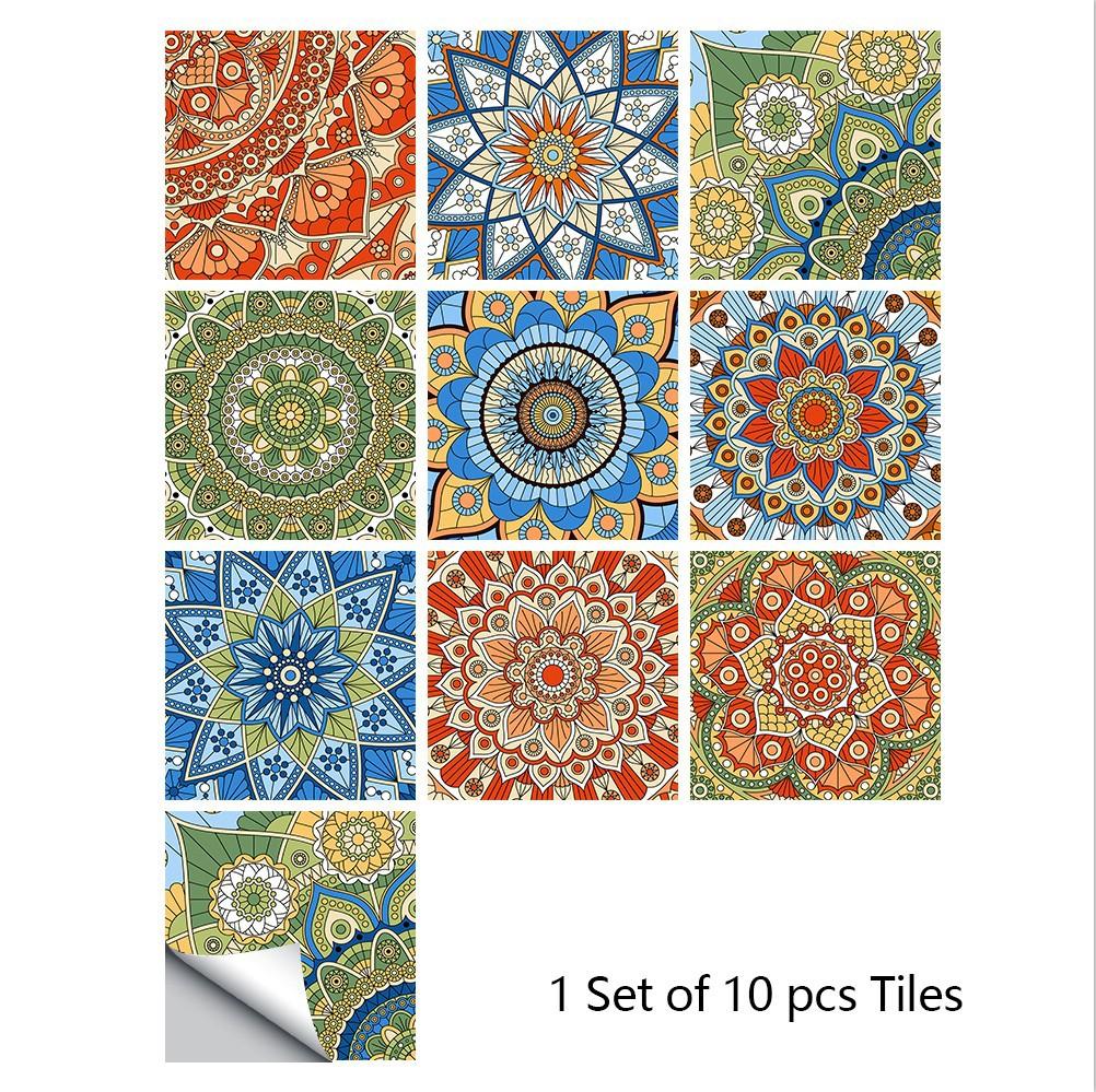 10pcs Mandala Crystal Hard Tiles Ceramic Wall Stickers Peel Stick Decals for Kitchen Wardrobe Home Decor Art Mural DIY
