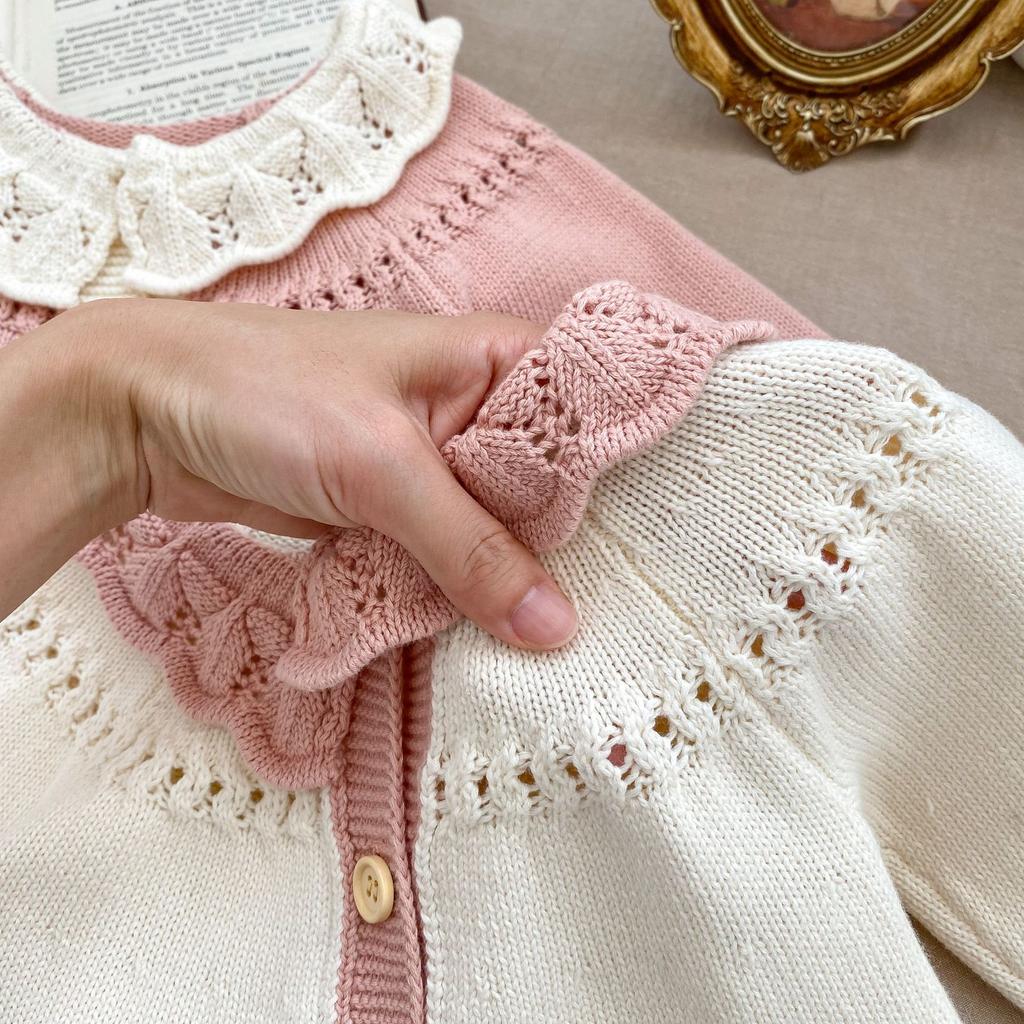 Girls Spring Autumn Long Cardigan with Floral Embroidery Ruffled Collar and A-Line Silhouette