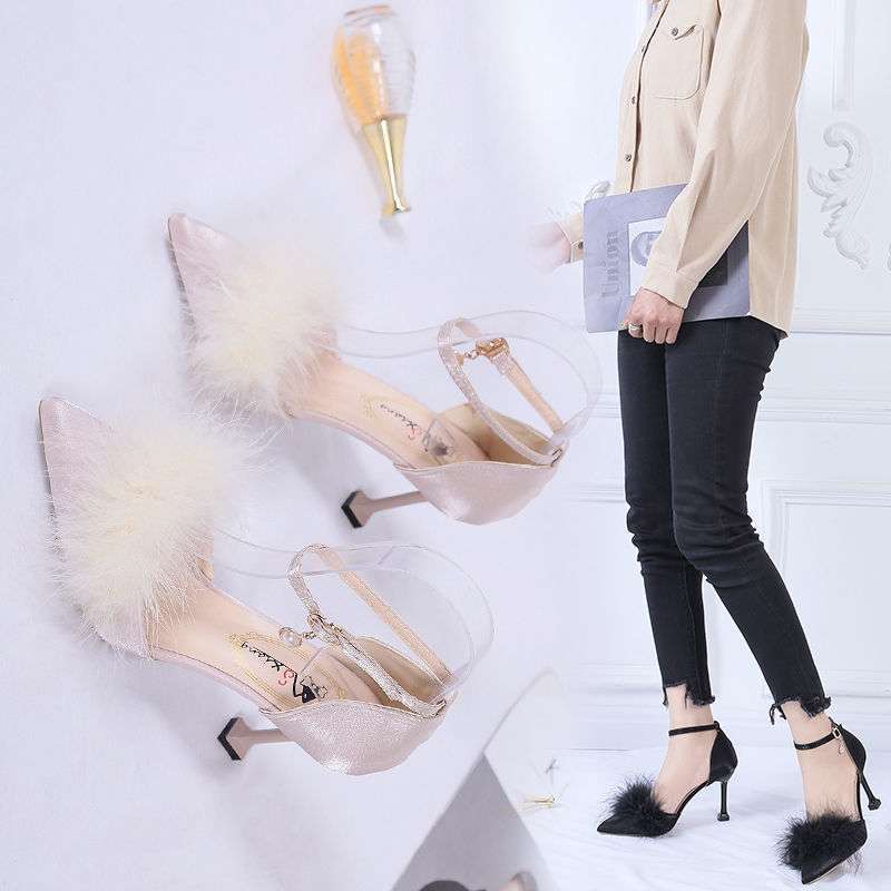 One-word Buckle Sandals Women's Spring and Summer Fringed Fluffy Shoes Pointed Cat Heel High Heels Light Mouth Medium Heel Stiletto Single Shoes