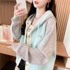 Giacca con Cappuccio Color Block per Donna Taglie Forti, Nuova Sottile per Primavera e Autunno, Felpa Patchwork a Bottoni Singoli Media e Lunga per Donna