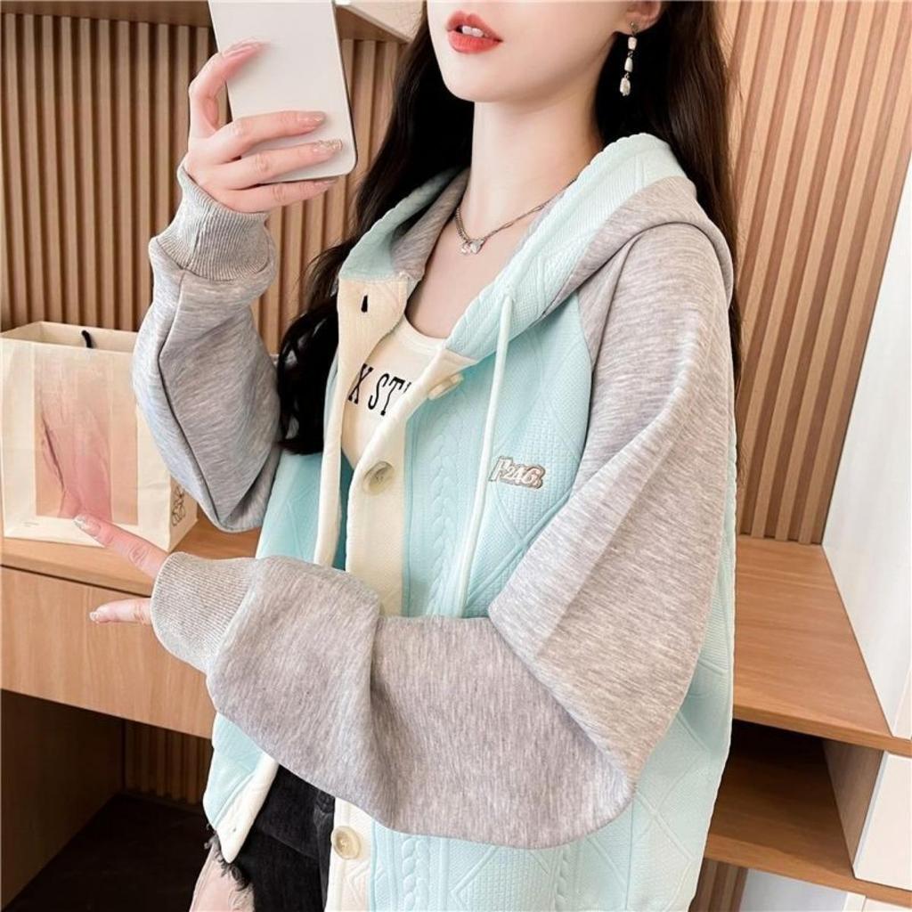 Giacca con Cappuccio Color Block per Donna Taglie Forti, Nuova Sottile per Primavera e Autunno, Felpa Patchwork a Bottoni Singoli Media e Lunga per Donna