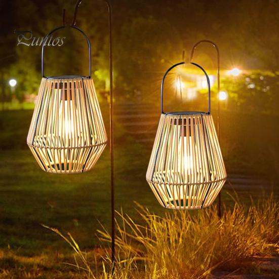 Solar Rattan Bambus Lampe med Lyssensor Automatisk PÅ/AV IP65 Vanntett Retro Stil Håndlaget dekorativ Solar Lanterne Dekor