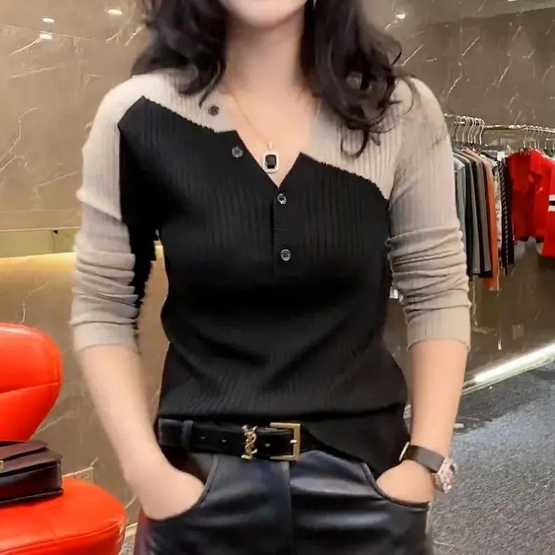 

Женская весенне-осенняя одежда с V-образным вырезом и длинными рукавами, пуловеры, пэчворк, цветная блокировка, вязаный кардиган на пуговицах XXS чёрный