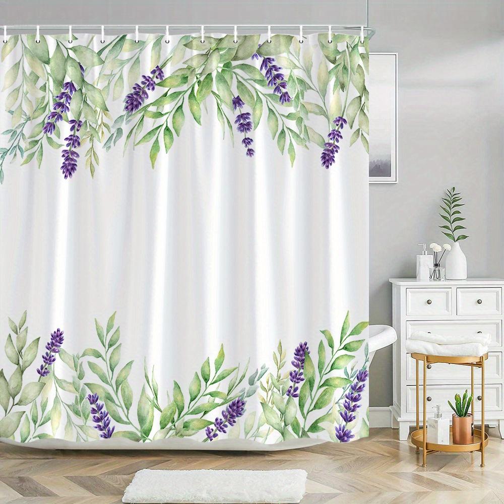 

1 Elegant floral bathroom decor with watercolor green leaves and purple lavender flowers, machine washable polyester fabric 90X180cm