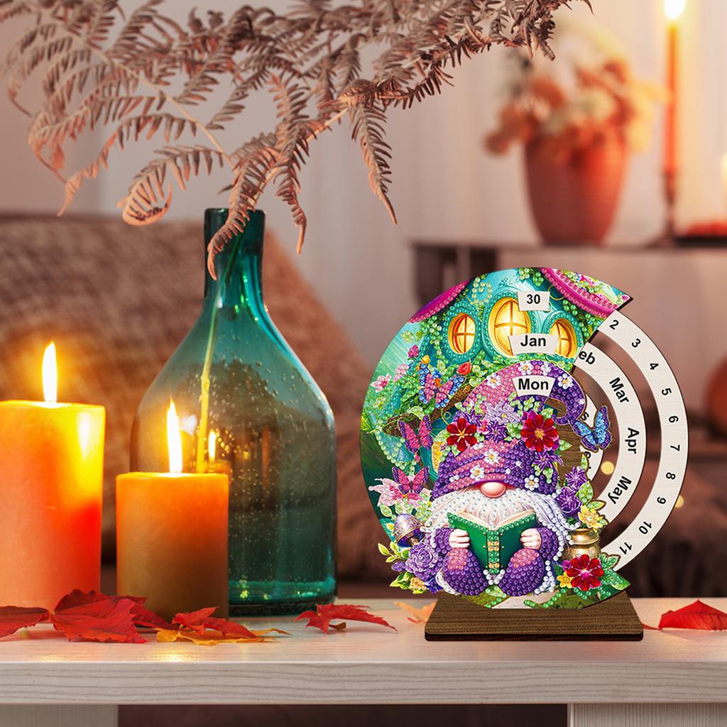 Special Shape Garden Gnome Diamond Painting Spinning Calendar Wooden Perpetual Desk Calendar Manual Rhinestones Wheeled Calendar