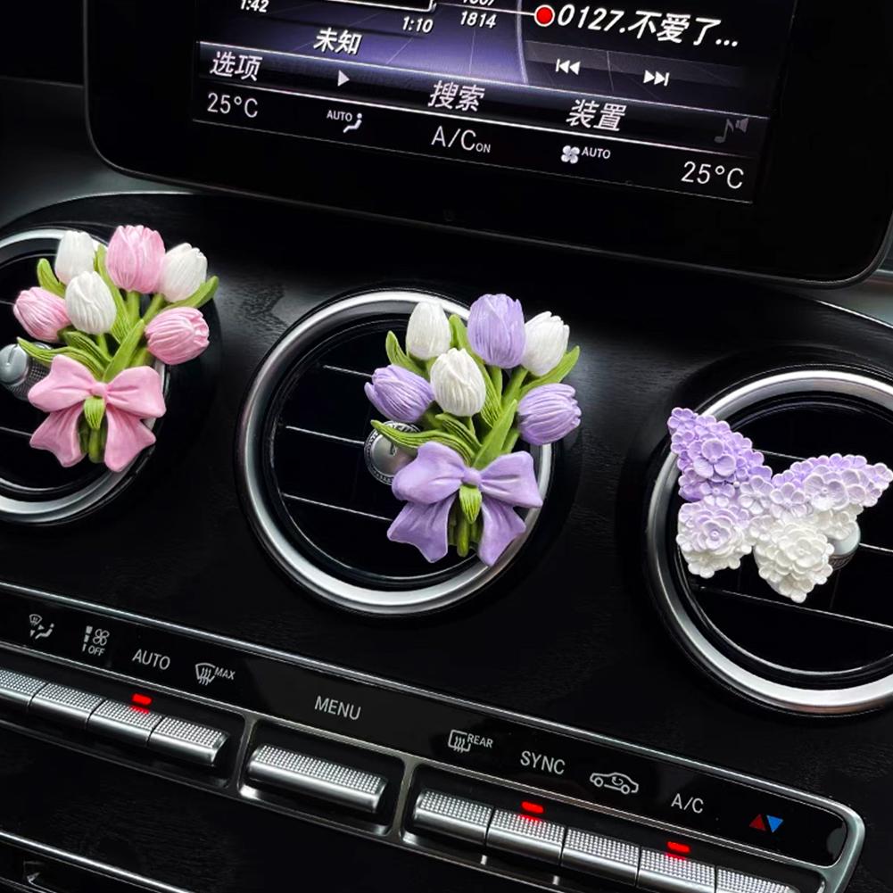 INS Tulip Car Fragrance Diffuser Stone Elegant Flower Butterfly Car Air outlet Decoration Pendant Fragrance Interior Accessories