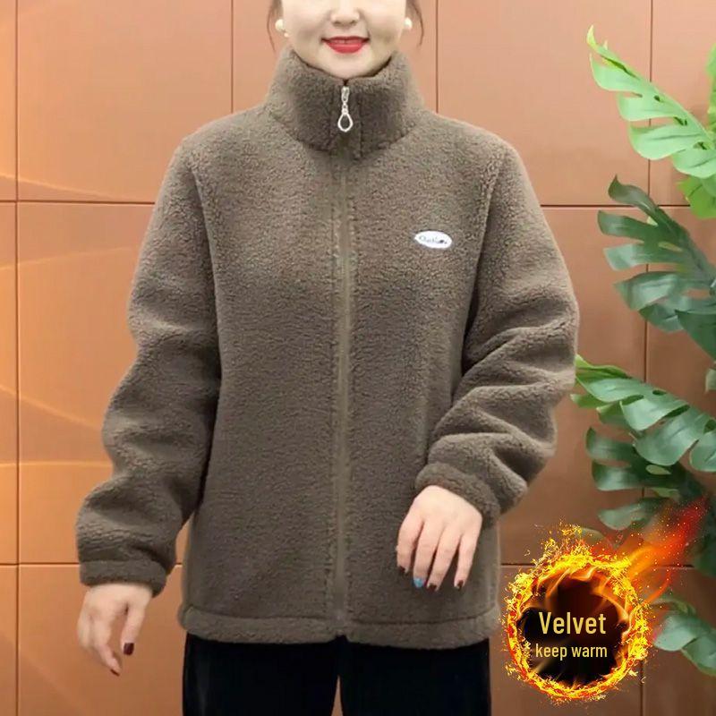 Autumn/Winter Fleece-Lined Outerwear for Middle-Aged Women: Warm, Thick, Loose Cotton Top