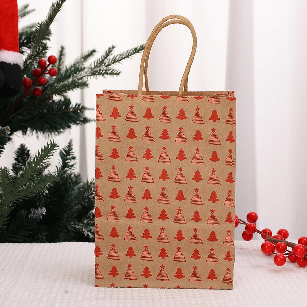 Kraft Paper Bag Christmas Packaging Gift Paper Handbag Santa Claus Snowman Pattern Merry Christmas Home Party Decor Candy Sack