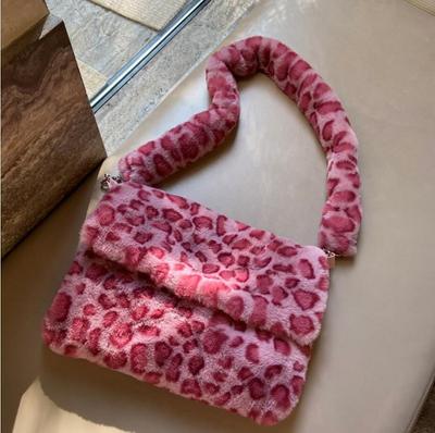 Soft Plush Feminine Shoulder Bag Pink Leopard Ladies Crossbody Bag Winter Fashion Large Capacity Women's Tote Bag